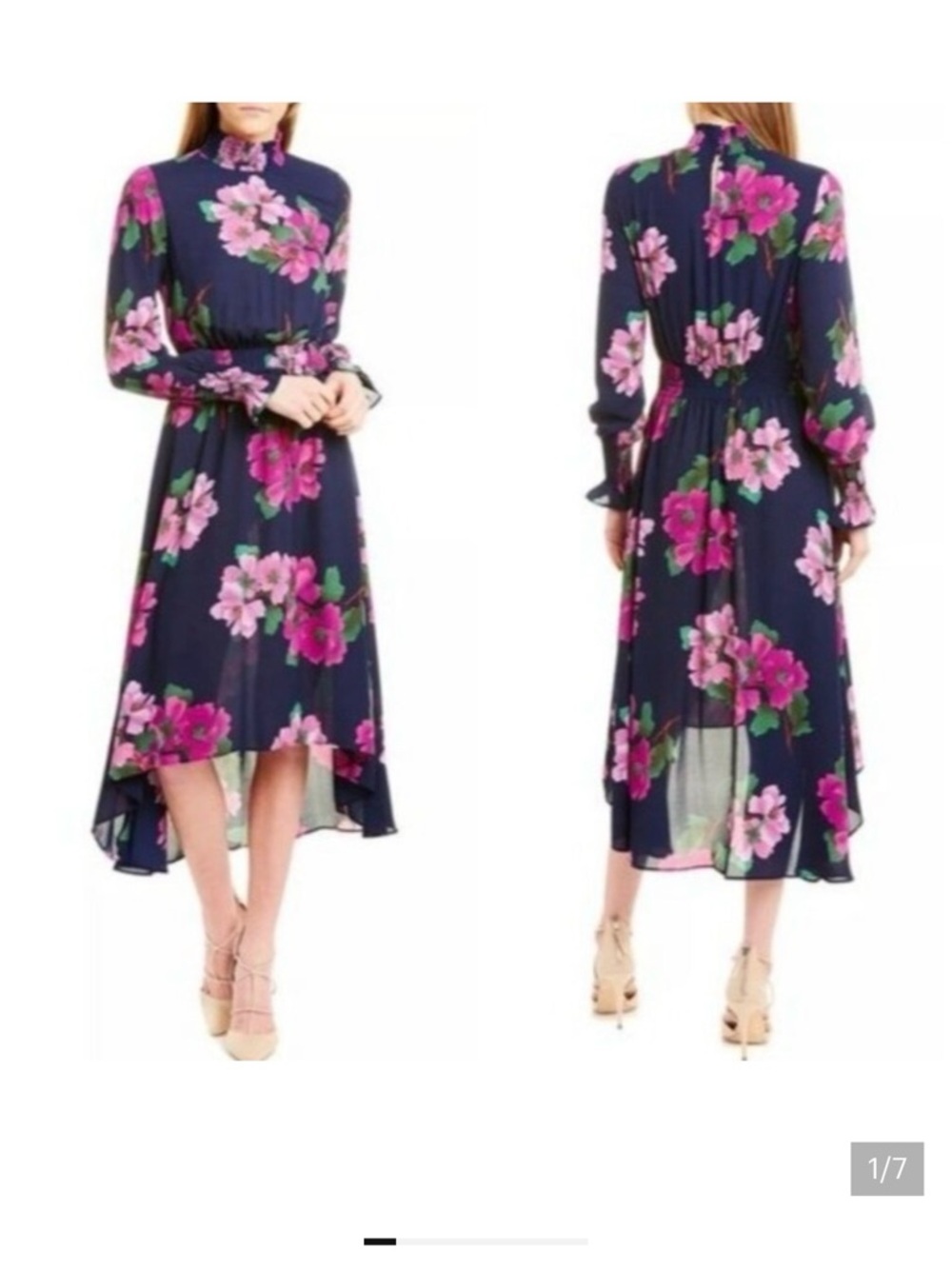 Nanette Lepore Navy Floral High-Low Midi Dress with Pink Blooms